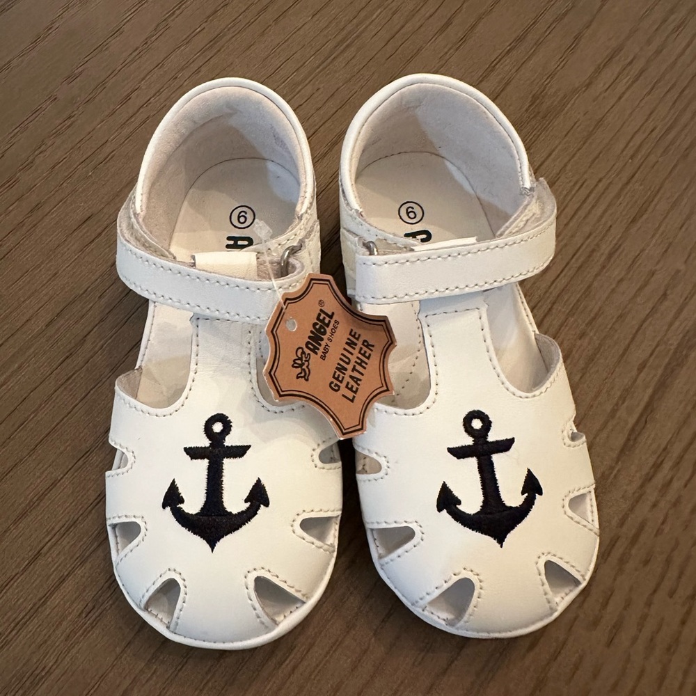 White Kids Leather Sandals with Navy Anchor Embroidery